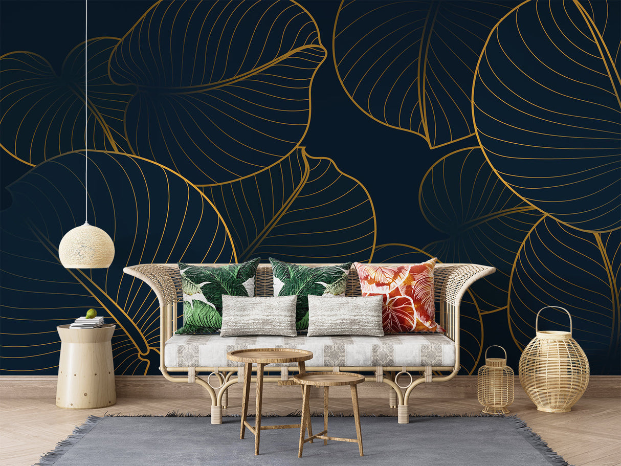 Botanical wall mural transforming a home office with tropical elegance