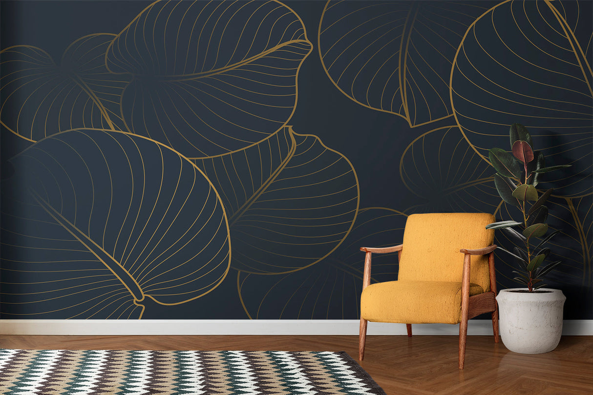 Gold leaf pattern on navy backdrop enhancing an entryway