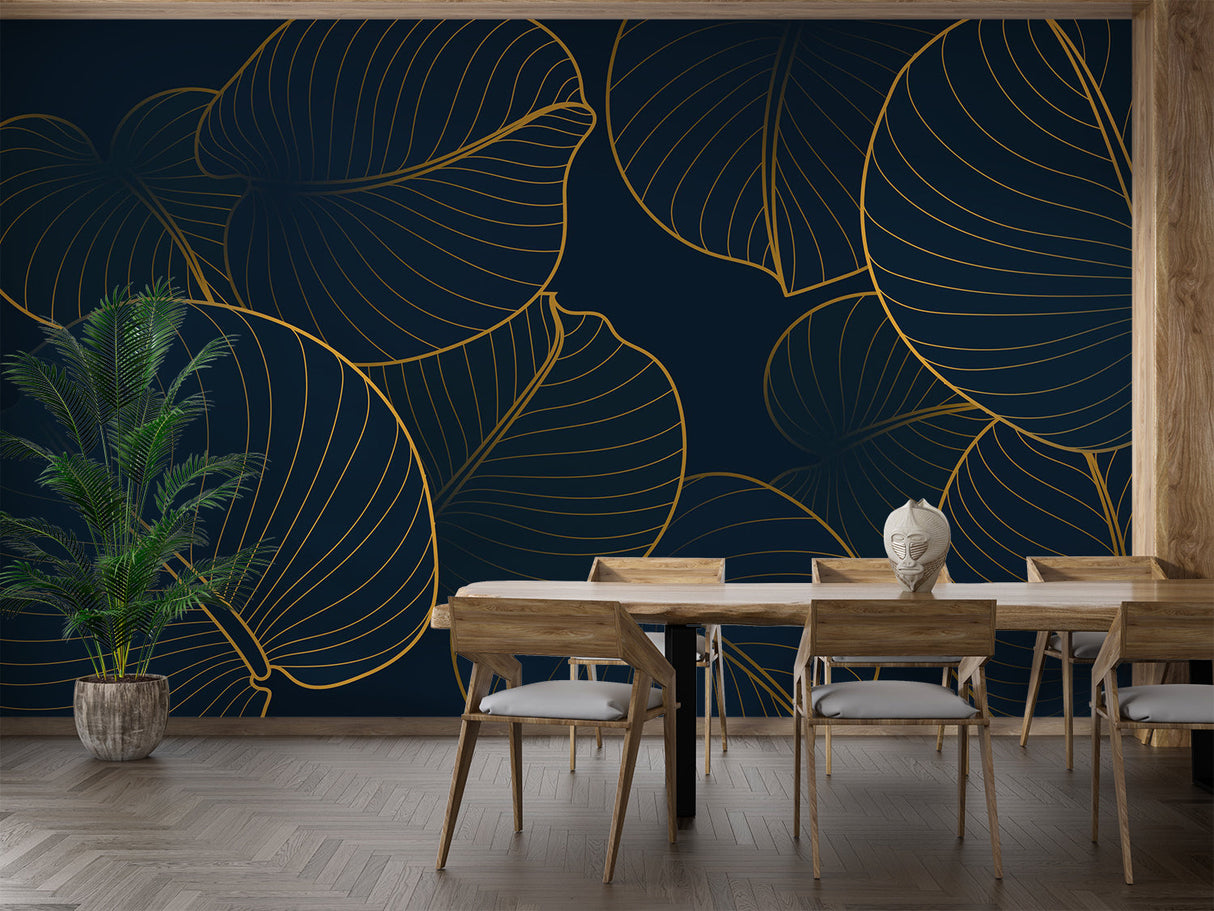 Art deco tropical leaves creating depth in a powder room
