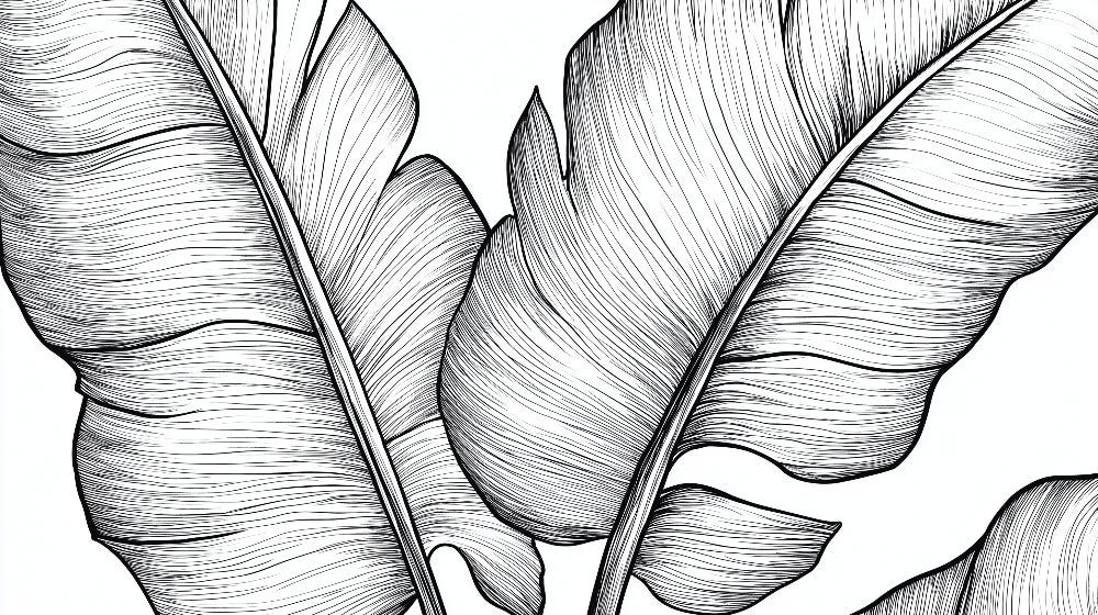 Black and white tropical leaves design file showing detailed line art pattern of banana and monstera leaves