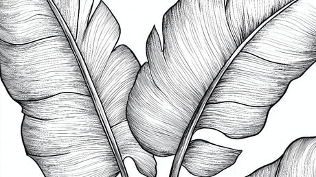 Black and white tropical leaves design file showing detailed line art pattern of banana and monstera leaves