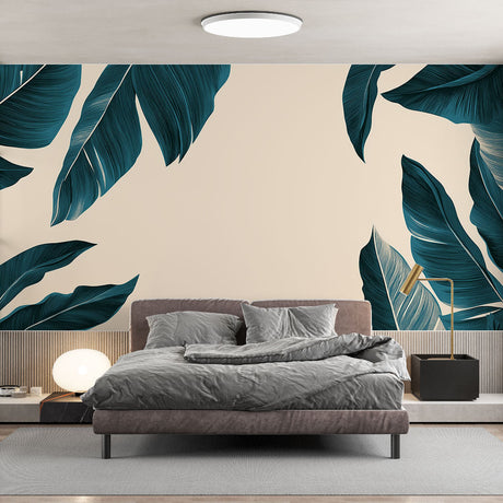 Tropical leaves wallpaper creating a calm atmosphere in a modern living room with white furniture and natural light