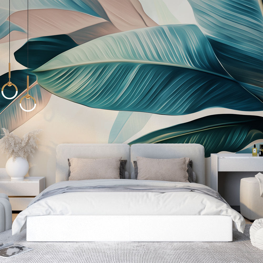 Tropical leaves wallpaper in modern living room showing turquoise and beige botanical design creating a fresh atmosphere