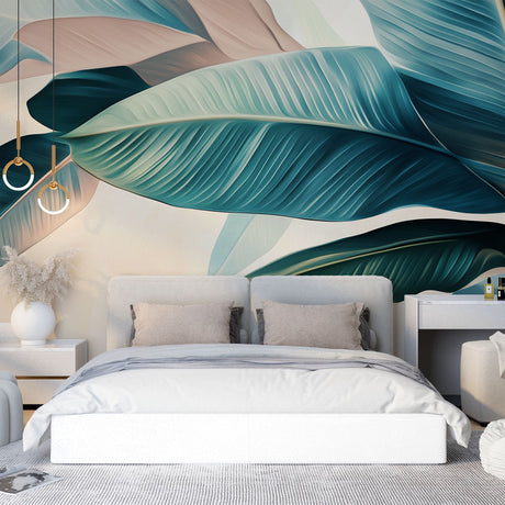 Tropical leaves wallpaper in modern living room showing turquoise and beige botanical design creating a fresh atmosphere