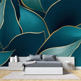 Tropical leaf wallpaper with gold accents in modern living room, creating an elegant atmosphere