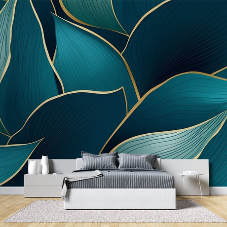 Tropical leaf wallpaper with gold accents in modern living room, creating an elegant atmosphere