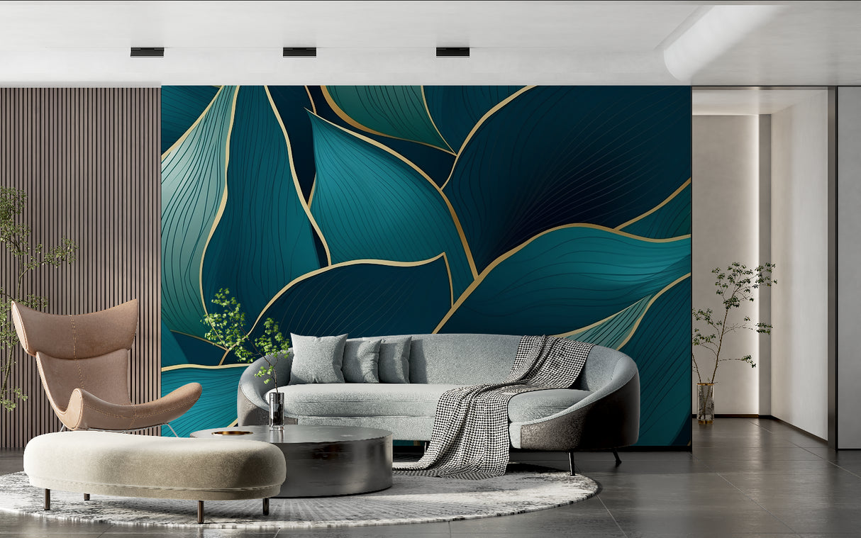 Art deco tropical wallpaper showcased in master bedroom with golden evening light