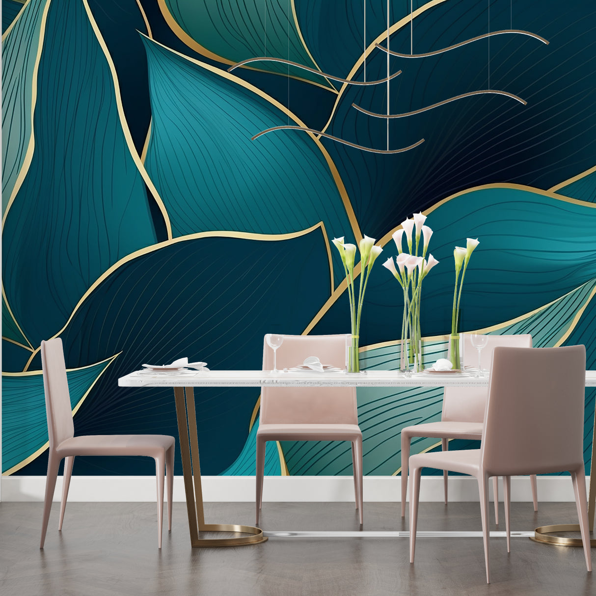 Luxury tropical wall mural in dining room featuring teal and gold leaf pattern