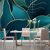 Luxury tropical wall mural in dining room featuring teal and gold leaf pattern
