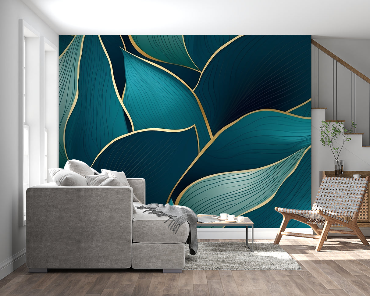 Statement wall with art deco leaf pattern in home office setting