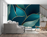 Statement wall with art deco leaf pattern in home office setting