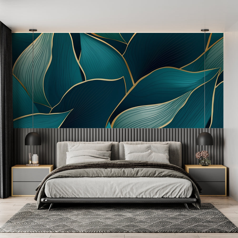 Golden tropical leaf wallpaper creating depth in boutique hotel lobby