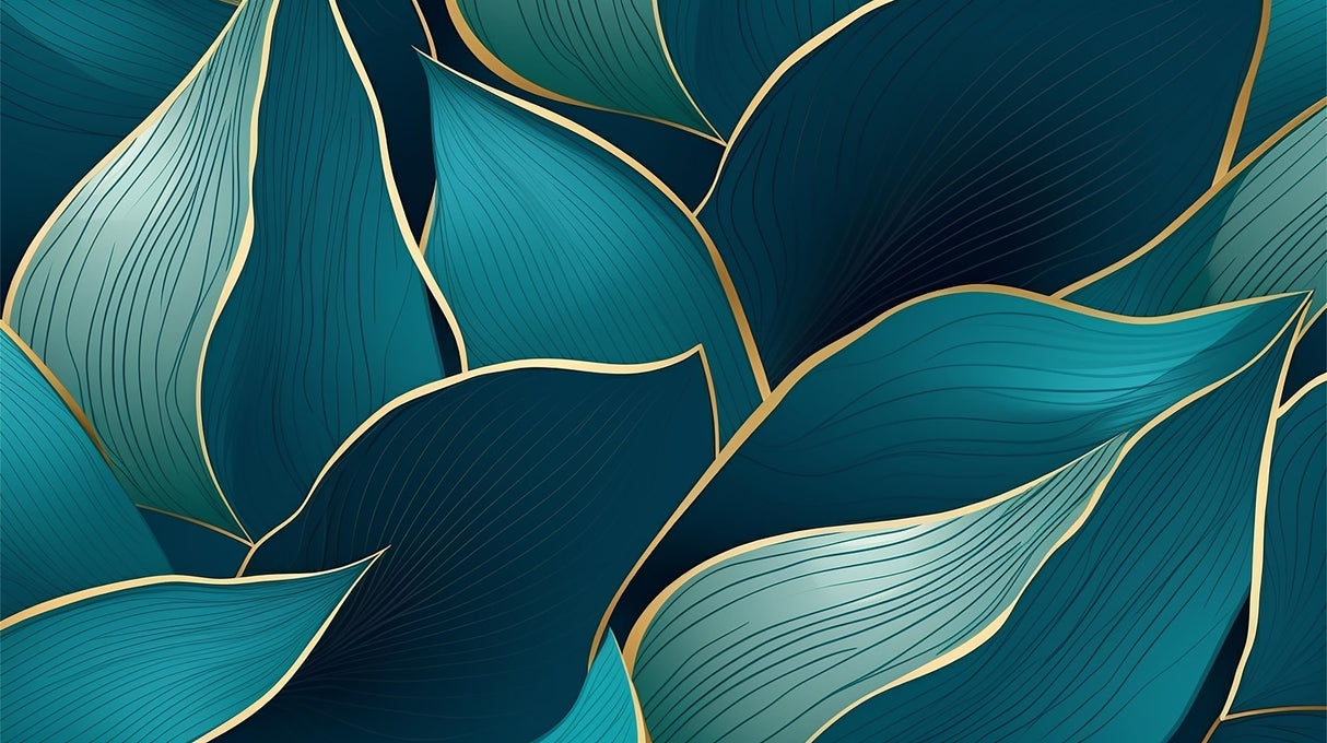 Design file of teal and gold tropical leaf pattern showing intricate art deco details