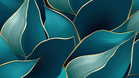 Design file of teal and gold tropical leaf pattern showing intricate art deco details