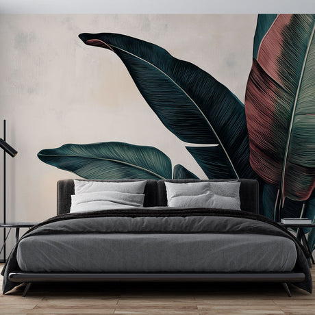 Tropical leaves wallpaper creating a stunning green accent wall in a modern living room with natural light