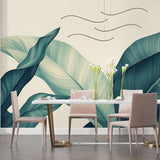 Tropical leaf wallpaper in modern living room, teal and cream palm design creating a fresh atmosphere