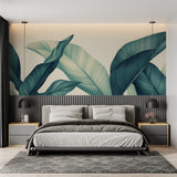 Master bedroom with tropical palm leaf mural, showing teal botanical pattern against cream walls