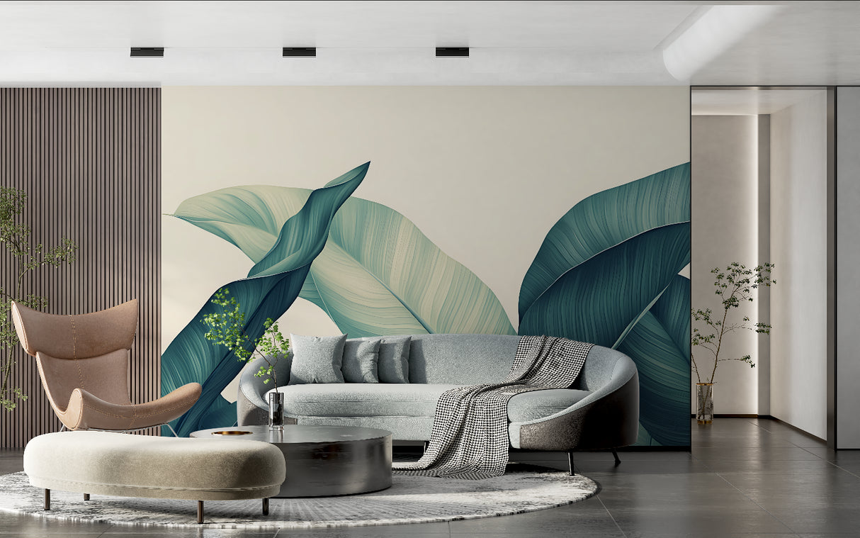 Home office featuring modern tropical leaf wallpaper in soothing teal and cream tones