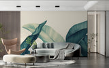 Home office featuring modern tropical leaf wallpaper in soothing teal and cream tones