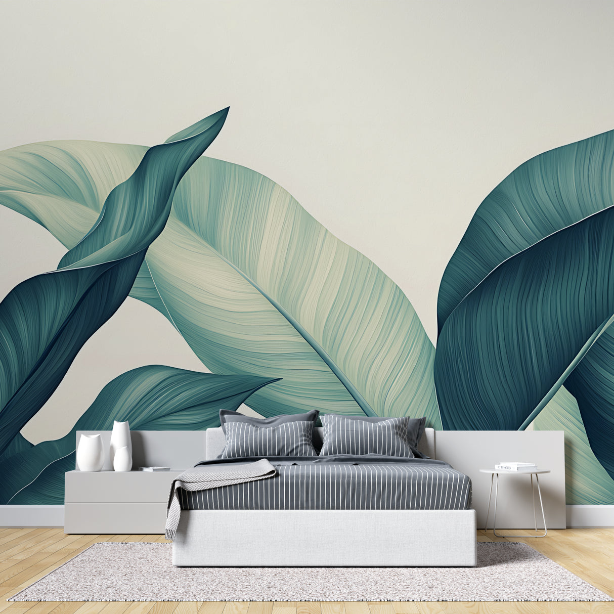 Dining room with botanical wall mural showing large-scale tropical leaves in teal