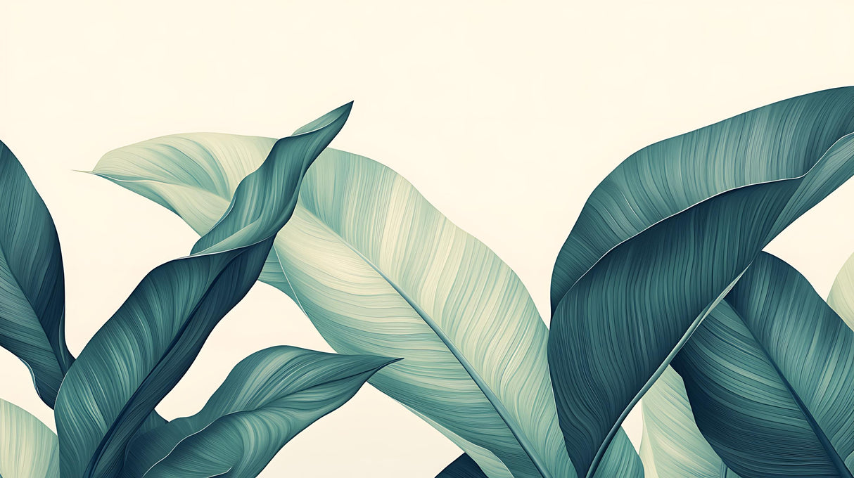 Design file of tropical leaves pattern showing detailed teal palm fronds on cream background