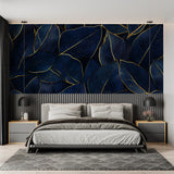 Gold and navy tropical pattern wallpaper featured in luxury hotel lobby