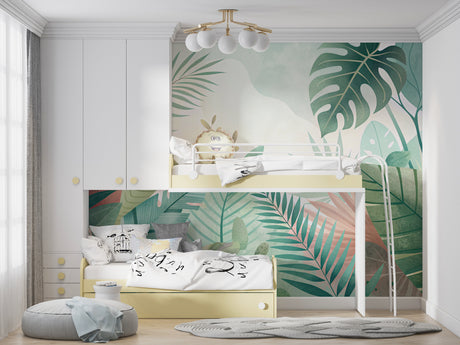 Tropical leaves wallpaper creating a fresh atmosphere in a modern living room with natural light