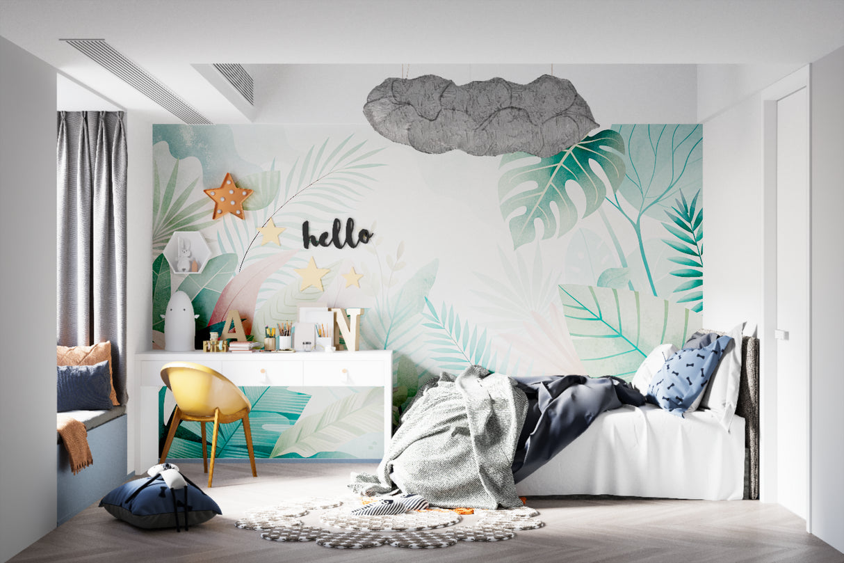 Monstera leaf wallpaper adding a calm feeling to a bedroom with white furniture