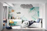 Monstera leaf wallpaper adding a calm feeling to a bedroom with white furniture