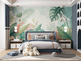 Green botanical wallpaper brightening up a home office space with plants