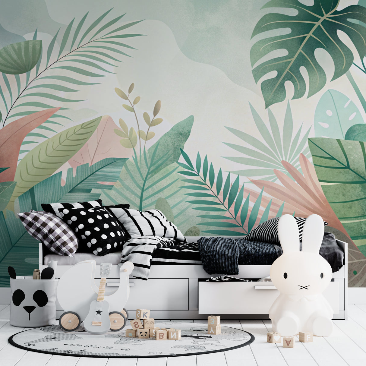 Soft green monstera wallpaper making a dining room feel fresh and inviting