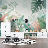 Tropical leaf mural creating depth in a small reading nook with natural decor