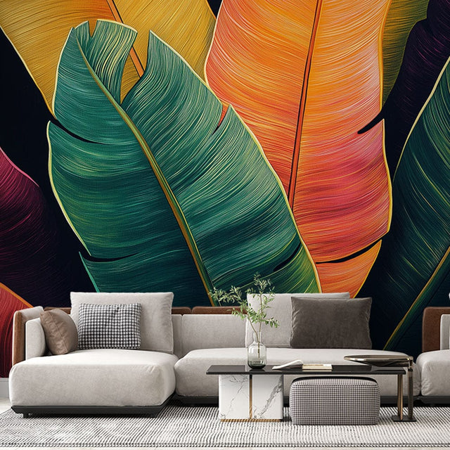 Tropical leaf wallpaper creating depth in modern living room, emerald banana leaves with gold details against black background