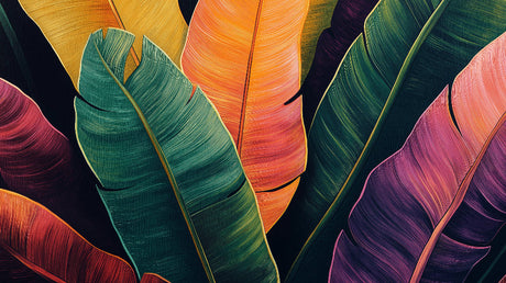 Banana leaf wallpaper design file showing detailed tropical pattern with emerald and burgundy leaves on black