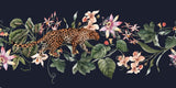 Design file showing detailed leopard pattern with tropical flowers on navy background