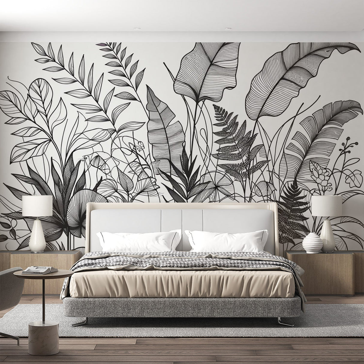 Black and white botanical line art wallpaper creating a stunning backdrop in a modern living room with minimal furniture