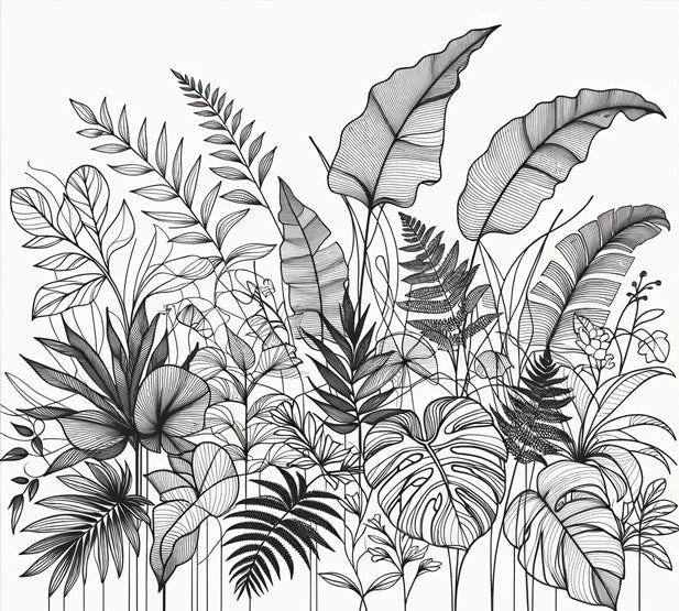 Tropical line art wallpaper design file showing detailed black and white botanical pattern