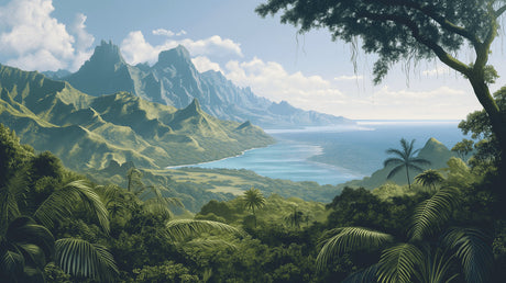 Tropical Mountain Mural Wallpaper creating depth in modern living room with white furniture