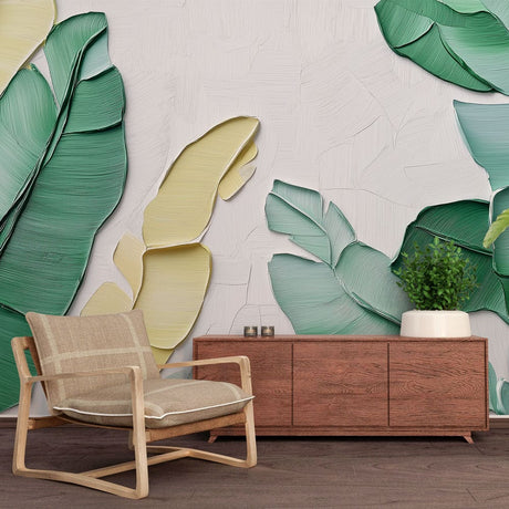 Tropical banana leaf wallpaper creating a fresh modern atmosphere in a bright living room with natural light