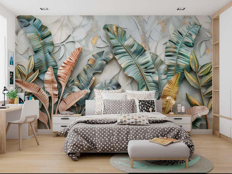 Tropical leaf wallpaper with gold accents in modern living room, creating a luxurious backdrop for gray sofa and brass accents