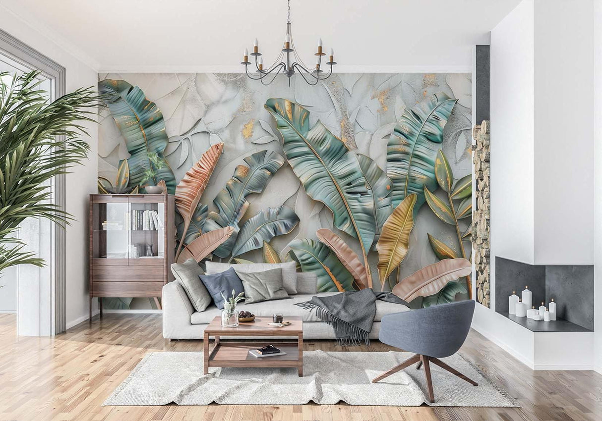 3D banana leaf wallpaper adding depth to master bedroom, complementing natural wood furniture