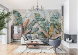 3D banana leaf wallpaper adding depth to master bedroom, complementing natural wood furniture