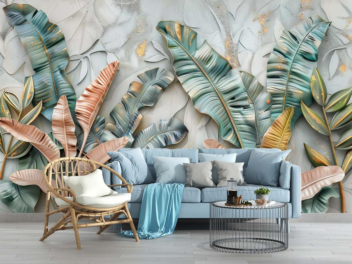 Gold-accented tropical wallpaper bringing elegance to dining room with pendant lighting