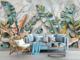 Gold-accented tropical wallpaper bringing elegance to dining room with pendant lighting