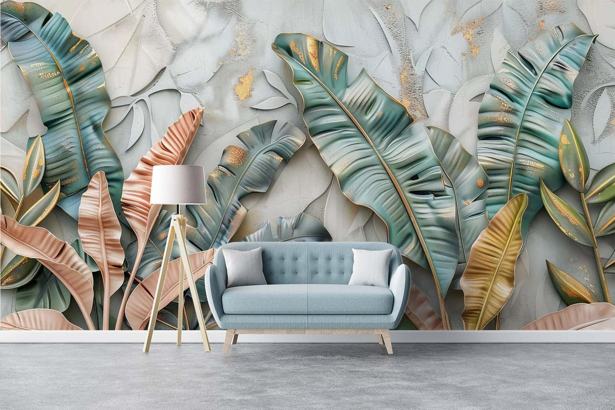 Botanical wall mural in home office showing scale of 3D banana leaves pattern