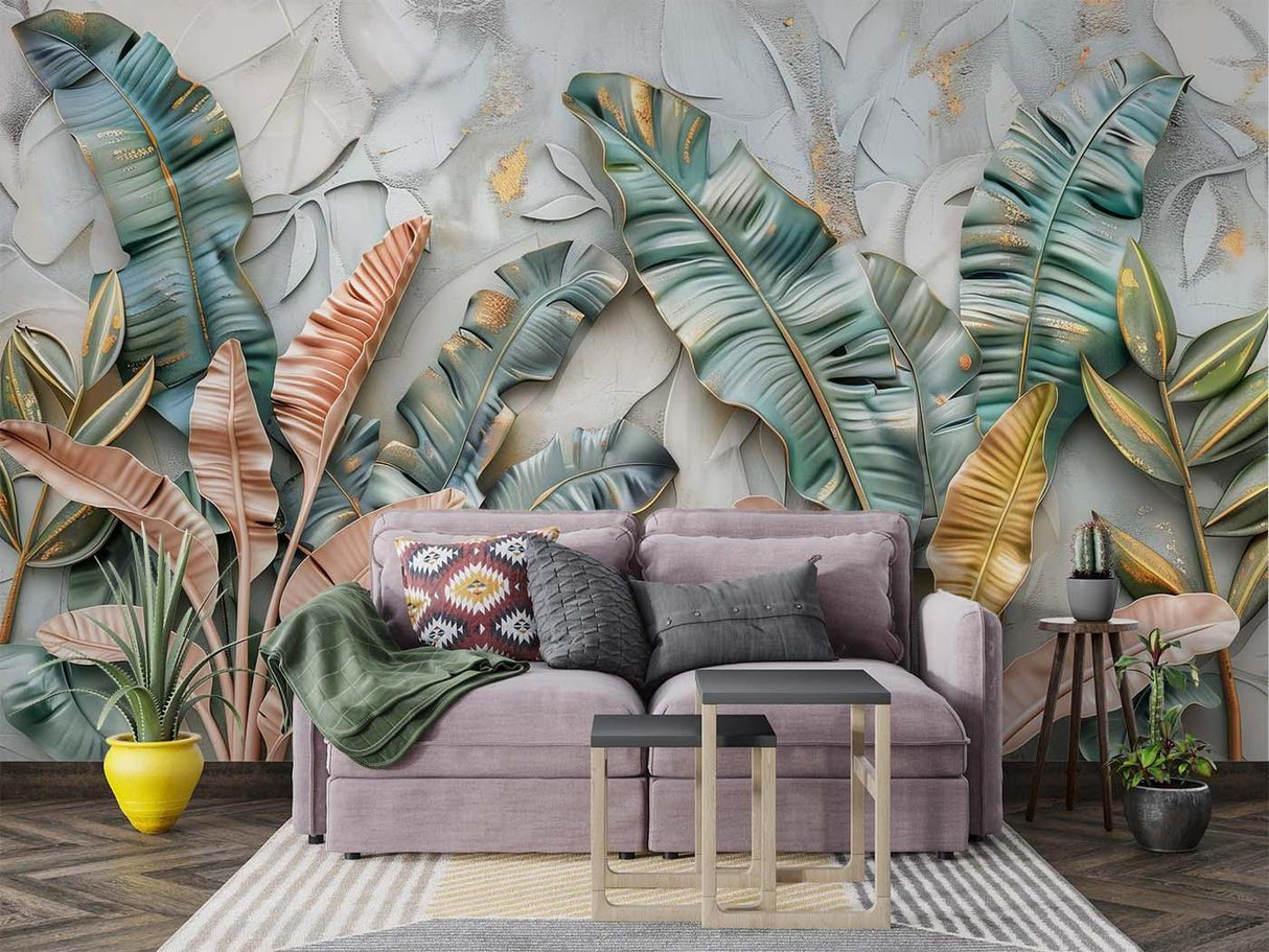 Tropical leaf pattern creating spa-like atmosphere in modern bathroom setting