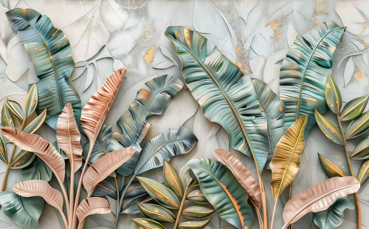 Design file showing detailed 3D banana leaves pattern with gold accents on gray background