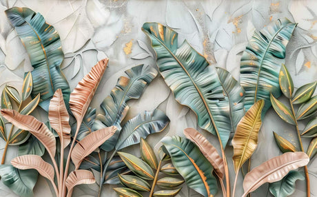 Design file showing detailed 3D banana leaves pattern with gold accents on gray background