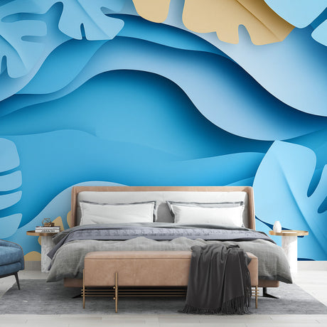 Modern living room featuring 3D Tropical Wave Wallpaper with Monstera leaves creating depth against white furniture