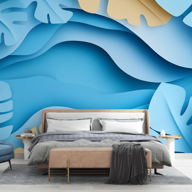 Modern living room featuring 3D Tropical Wave Wallpaper with Monstera leaves creating depth against white furniture